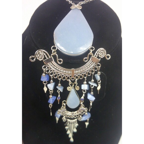 Vintage Necklace Clip Earrings Set Filigree Chandelier Blue Stones Silver Tone - Picture 3 of 4